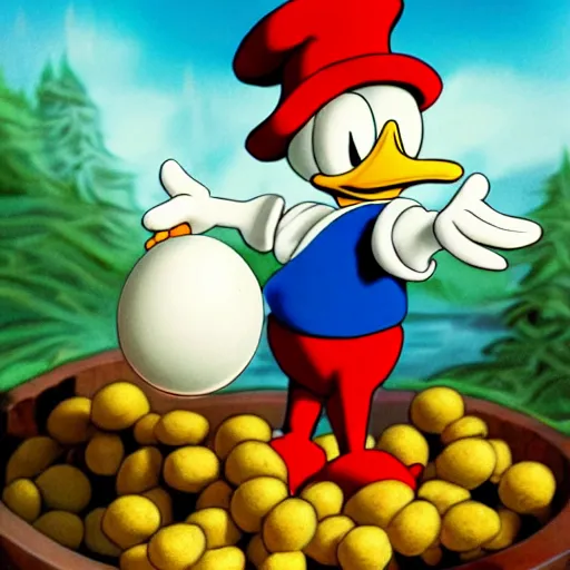 Prompt: Young Scrooge McDuck at White Agony Creek holding up goose egg nugget, hyper realistic digital art by Disney, epic full length, exquisite detail, post-processing, low angle, masterpiece, cinematic