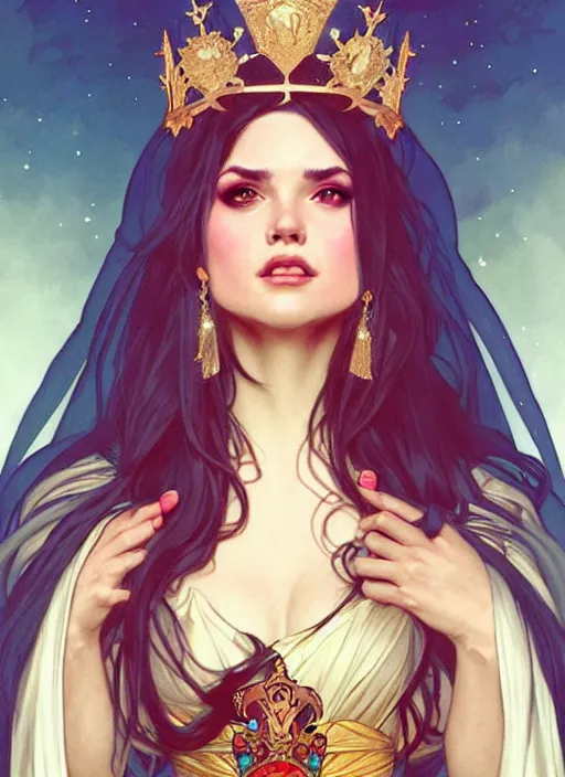 Image similar to rolyatistaylor as queen, incredibly detailed face, pretty face, light dress, true anatomy, art by artgerm and greg rutkowski and alphonse mucha