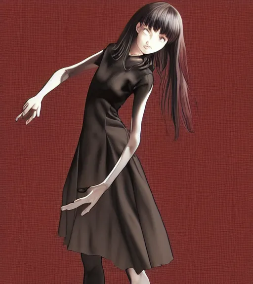 Prompt: girl with morbid thoughts wearing a black spring dress with short brown hair, queen of sharp needles and under the effect of psychosis, by Range Murata, Katsuhiro Otomo, Yoshitaka Amano, and Moebius. 3D effect.