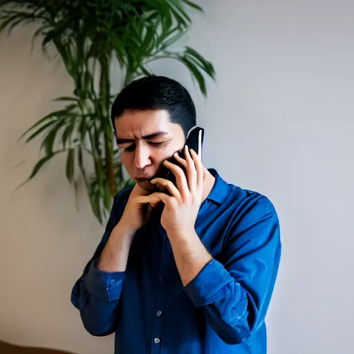 Image similar to A software engineer who is talented but tired is tasked with another dead end support call on the phone, Canon EOS R3, f/1.4, ISO 200, 1/160s, 8K, RAW, unedited, symmetrical balance, in-frame