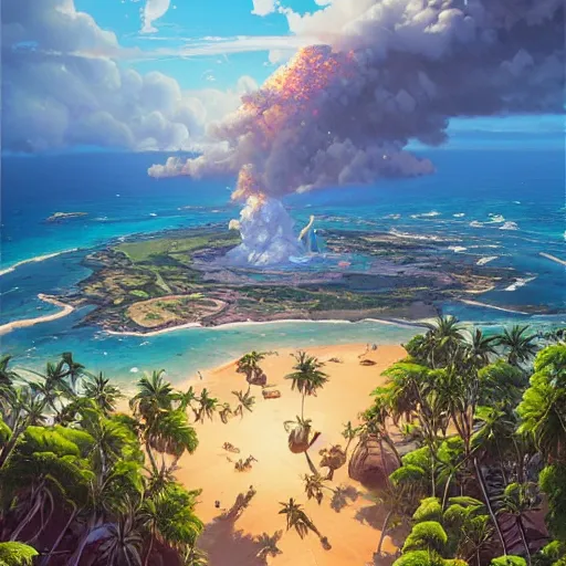 Image similar to a painting a breathtaking aerial view of Hawaiian islands with Pirates, surrounded by palm trees, clouds, flowers, volcano, azure ocean, sunlight glistening, glow, , a detailed matte painting by sylvain sarrailh, Stephan Martinière, by RHADS, Makoto Shinkai, bokeh, Artstation contest winner, fantasy art, concept art, #vfxfriday