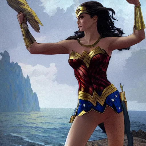 Image similar to Erin Moriarty as Wonder Woman, highly detailed, digital painting, artstation, concept art, smooth, sharp focus, illustration, ArtStation, art by artgerm and greg rutkowski and alphonse mucha and J. C. Leyendecker and Edmund Blair Leighton and Katsuhiro Otomo and Geof Darrow and Phil hale and Ashley wood and Ilya repin and Charlie Bowater