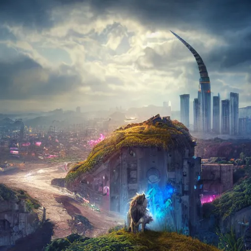 Image similar to a iridescent unicorn on a cliff overlooking a dystopian city covered in toxic smog, ultra realistic, concept art, intricate details, highly detailed, photorealistic, octane render, 8 k, fantasy art