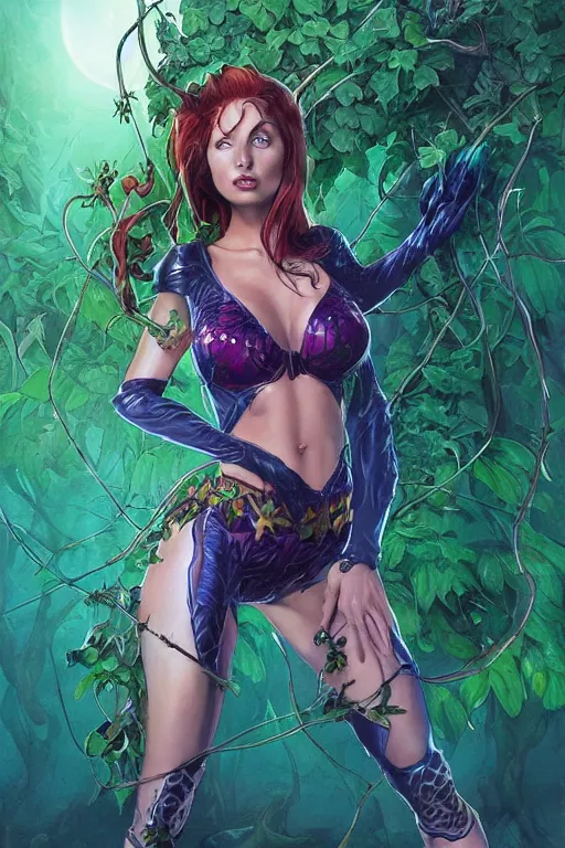 Image similar to Photorealistic frontal standing pose portrait of Emily Ratajowski as Poison Ivy push-up underwire. Intricate, concept art, magic lighting overlays, magical portal opened, D&D!, fantasy style, sharp focus!, ultra detailed, art by Artgerm and Peter Andrew Jones, WLUP, Magali Villeneuve