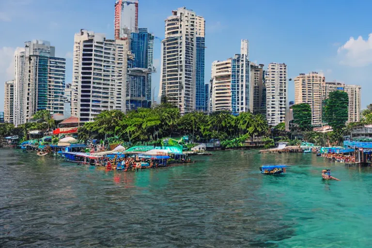 Prompt: photo of a very clean pasig river in the philippines with crystal clear blue water like boracay, high definition, tourism media