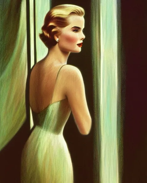 Prompt: photo of young grace kelly in 1 9 3 0 s penthouse rainy window, deco skyscrapers faintly visible outside, oil painting, by mucha, shaun tan, edward hopper, artgerm, wlop glossy skin, pearlescent, very coherent, iconic