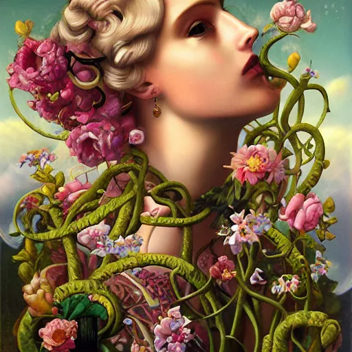 Image similar to dynamic composition, blonde woman with hair of spring flowers and vines wearing ornate earrings, ornate gilded details, pastel colors, a surrealist painting by tom bagshaw and jacek yerga and tamara de lempicka and jesse king, wiccan, pre - raphaelite, featured on cgsociety, pop surrealism, surrealist, dramatic lighting