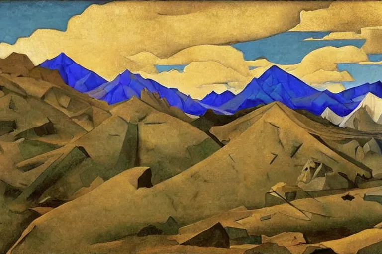 Image similar to A desertic mountain battlefield by Nicholas Roerich, by Georgia o Keeffe, by Gustave Moreau