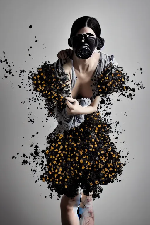 Image similar to a surreal portrait of a woman wearing gas mask diving into the ground of black flowers in the style of brooke didonato, editorial fashion photography from vogue magazine, full shot, nikon d 8 1 0, ƒ / 2. 5, focal length : 8 5. 0 mm, exposure time : 1 / 8 0 0, iso : 2 0 0