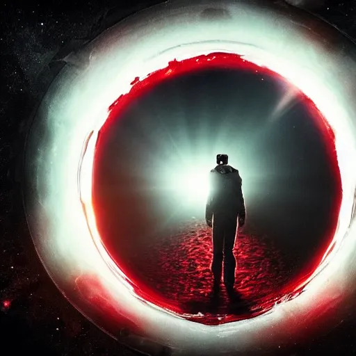 Image similar to ultra realistic, astronaut standing inside of an eerie space cathedral surrounded by cultists, there’s a large obsidian vortex floating above, black and red background, occult, photo realistic, dark atmosphere