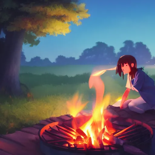Prompt: a girl roasting a marshmallow over a campfire, warm and wholesome glow, anime scene by Makoto Shinkai, digital art, 4k