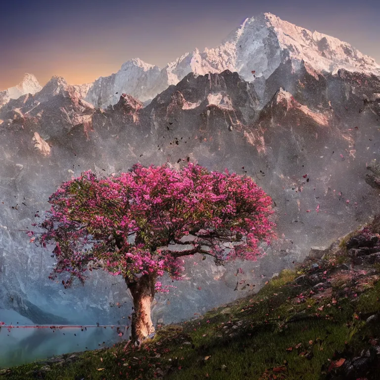 Image similar to a beautiful awesome artistic tree with falling flowers like leaves and many birds, all in the amazing outdoors view, mountain in the background, lake, long exposure, 8 k resolution, trending on artstation