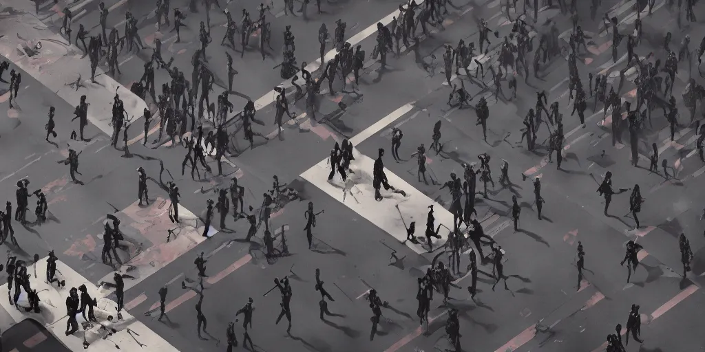 Prompt: cinematic wide angle view of a dystopian instagram influencer parade through the streets los angeles being worshipped by shadow figures, orwellian, by neil blevins, by killian eng, high detail, digital painting, minimalist art style, death stranding art style, cinematic lighting, artstation, cgsociety, 3 5 mm film grain