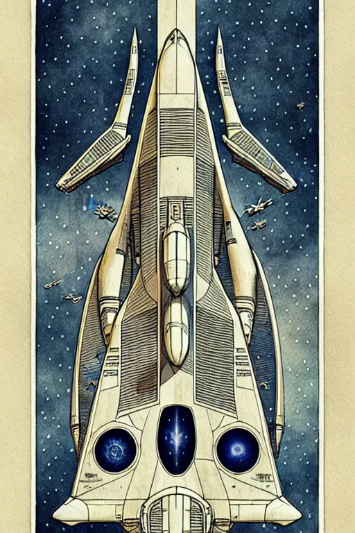 Image similar to design, symmetry, starship enterprise, borders, lines, decorations, muted colors, by jean - baptiste monge