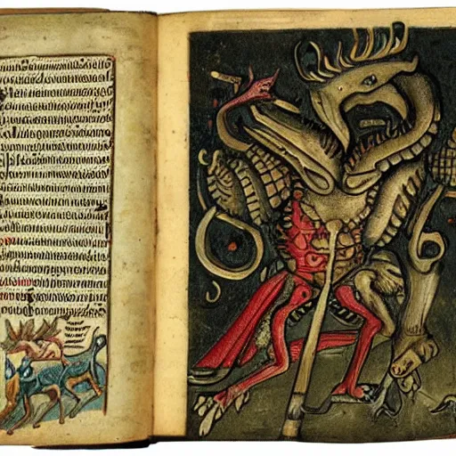 Image similar to medieval bestiary filled with uncanny grotesque beasts and freaky creatures