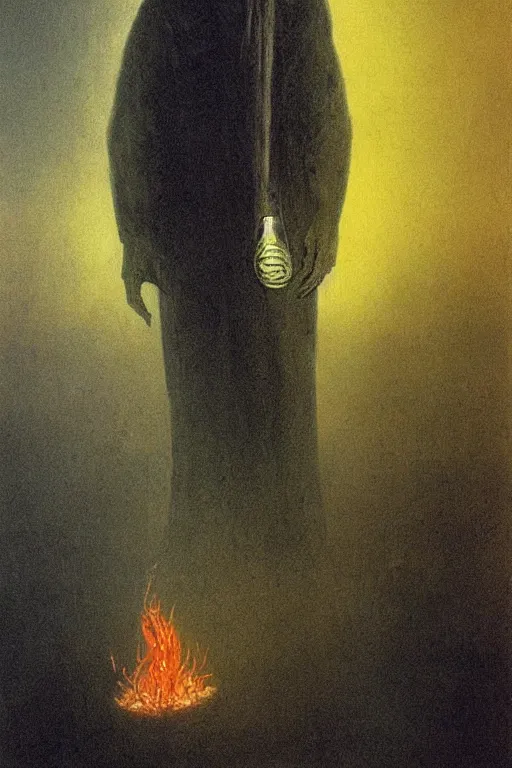 Image similar to plague doctor from iron gridle but human form, destroyed city and flames by zdzislaw beksinski, color