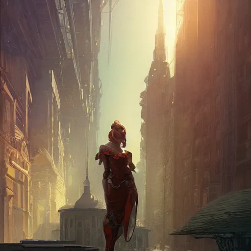 Prompt: retro city with sci-fi robots digital painting, artstation, concept art, soft light, hdri, smooth, sharp focus, illustration, fantasy, intricate, elegant, highly detailed, D&D, matte painting, in the style of Greg Rutkowski and Alphonse Mucha and artemisia, 8k, highly detailed, jurgens, rutkowski, bouguereau, pastoral, rustic, georgic