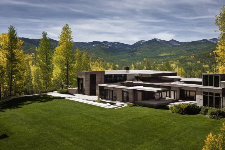 Prompt: a beautiful modern stone mansion in Aspen by Emmanuel Lubezki