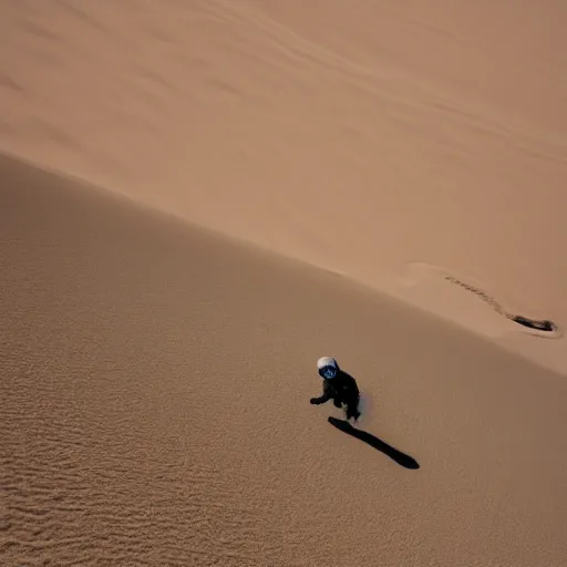 Image similar to A long shot of An astronaut snowboarding on Marsian sand dunes, with wide angle lens, 15 mm