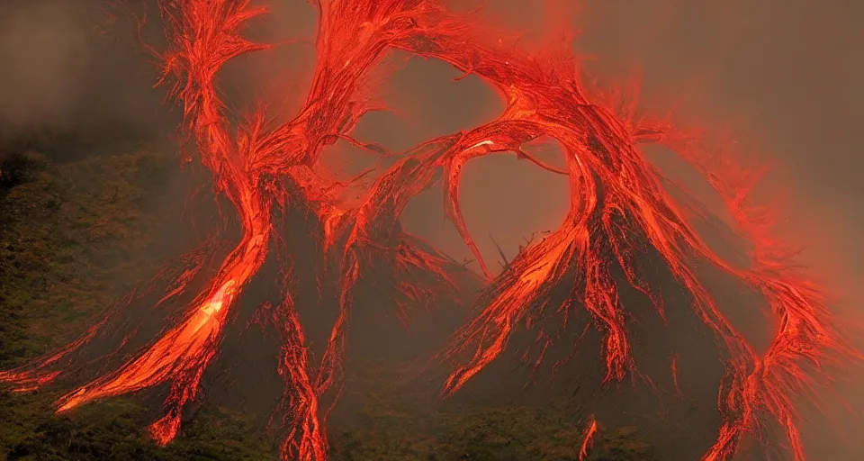 Image similar to a volcano made of ivory vines and crimson rocks enters in eruption, it spits a smoke in the shape of demonic eye, from Warcraft