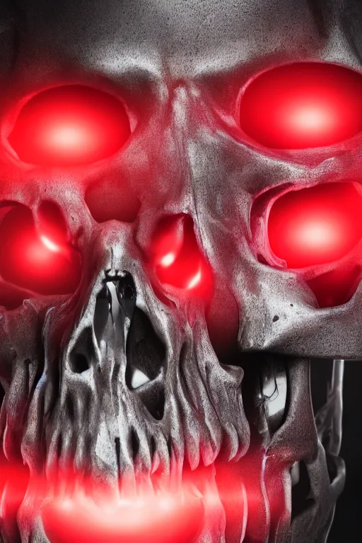 Prompt: closeup shot of a carbon black cyborg, skull, macro shot, dof, cinematic, volumetric lighting, studio shot, octane render, red light, 4 k