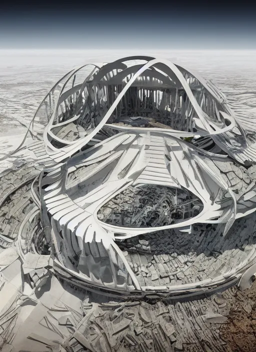 Image similar to bioremediation white mining tailing futuristic architecture in chuquicamata, epic, cinematic, hyperealistic, high detailed, corona render, hdr, ray tracing