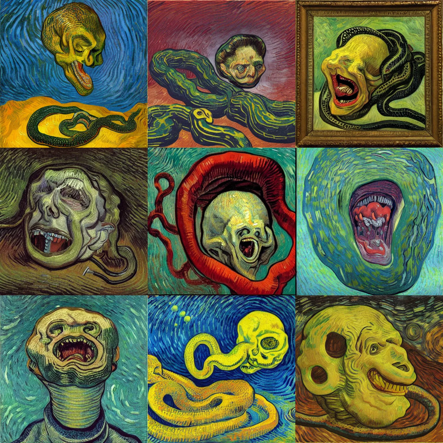 Prompt: A disembodied head screaming with an exposed brain as snakes slither down, oil painting, surrealism, Vincent van Gogh