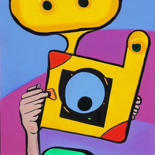 Prompt: pacman taking a selfie, surrealist painting