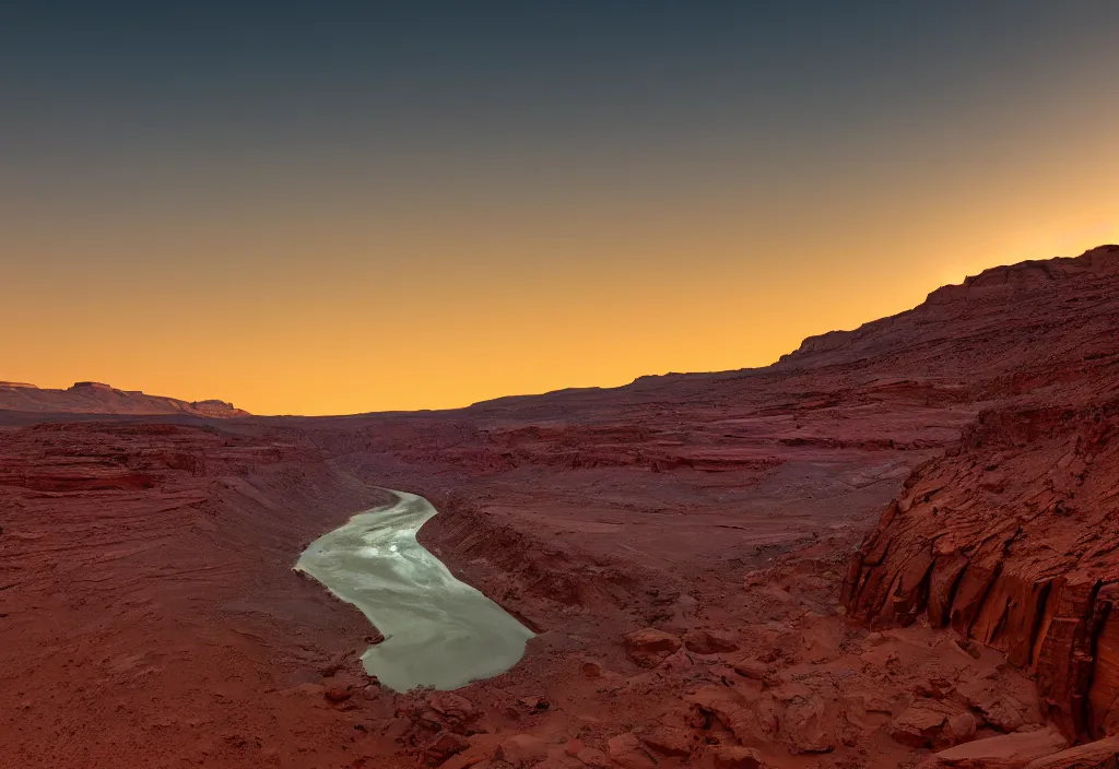 Image similar to a river bend running through a canyon surrounded by desert mountains at sunset on mars, planet mars, moab, utah, a tilt shift photo by frederic church, trending on unsplash, hudson river school, 3 5 mm photo, photo taken with provia, national geographic photo