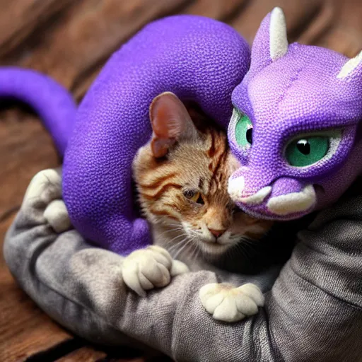 Image similar to small cute purple dragon, the dragon is hugging an orange tabby cat