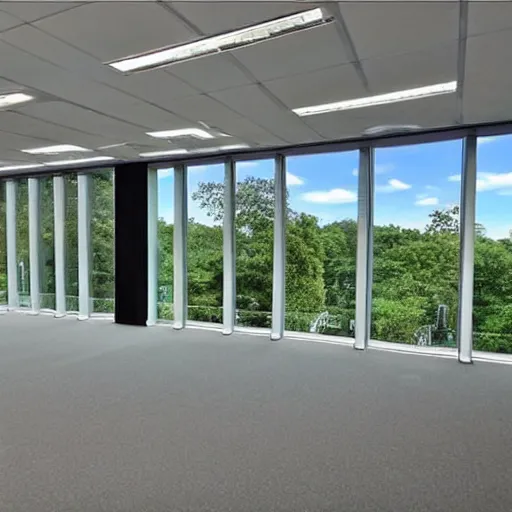 Image similar to corporate office building mailroom, large floor to ceiling windows, view of a beautiful unspoiled woodland