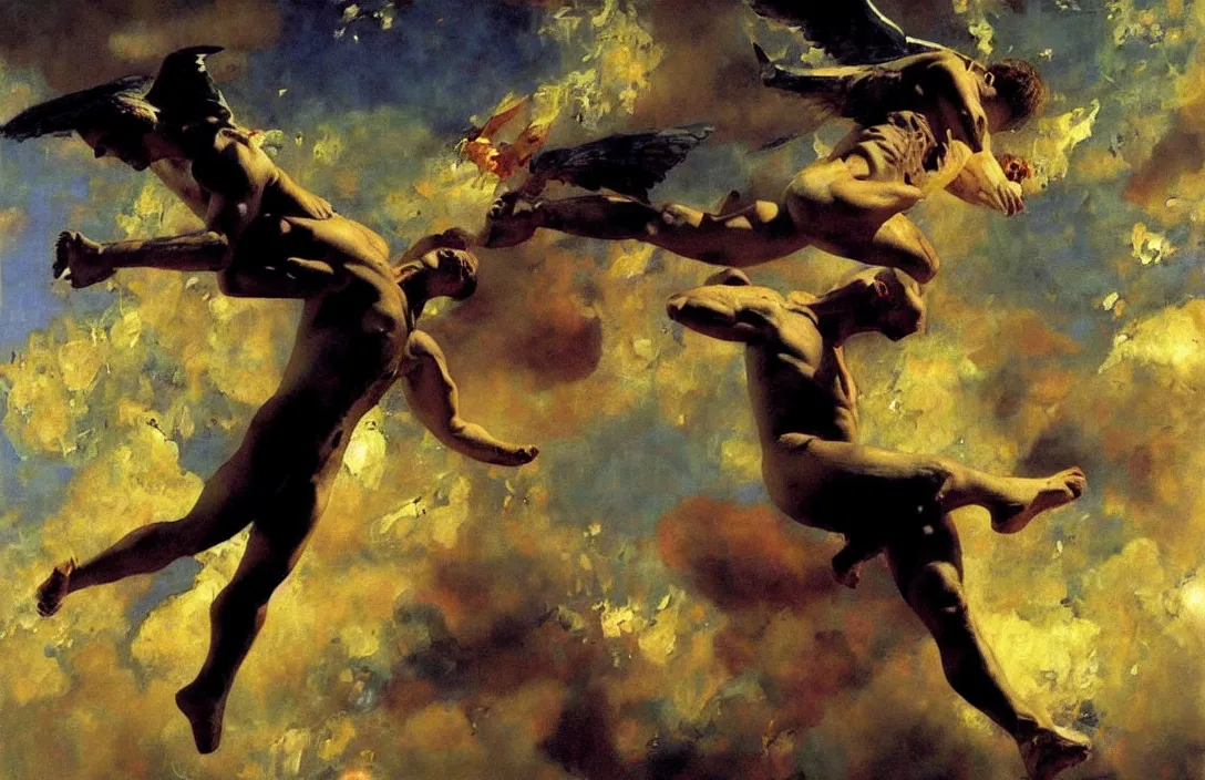 Image similar to icarus falling from the sky, detailed painting, epic lighting, by ilya repin, phil hale and kent williams