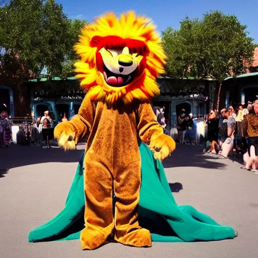 Prompt: terrible lion mascot costumes in a stage show at disneyland, covered outdoor stage, theatrical lighting, iphone video