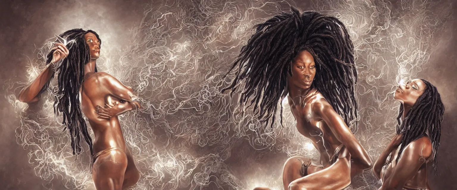 Image similar to a highly detailed symmetrical full body painting of a dark skinned beautiful black woman blow drying dreadlocks in 1 9 8 0's setting, dynamic lighting, ambient lighting, deviantart, art by artgerm and karol bak and mark brooks h