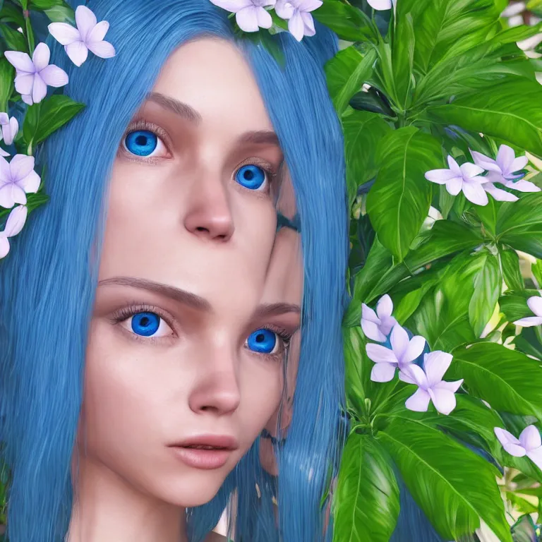 Prompt: “hyperrealistic ultra detailed unreal engine 5 RTX raytracing nvidia hairworks render of portrait of the most beutiful girl with blue eyes and white hair. She is in amazing tropical flowers. Beautiful Photo. Retro. Webpunk. ”