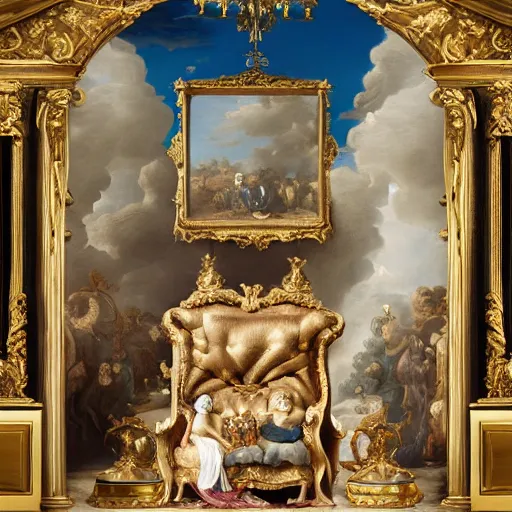 Prompt: 8k highly detailed oil matte painting in the style of Charles Landelle of A French Bulldog Louis XIV, decadent throne room, the other animals prostrate themselves before the throne, French architecture