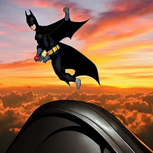 Image similar to batman riding an efoil during the sunset