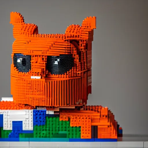 Image similar to 1 0, 0 0 0 piece lego sculpture by a master builder of a smiling orange cat with a big head and white face walking upright, scratch. mit. edu, product photography, studio lighting