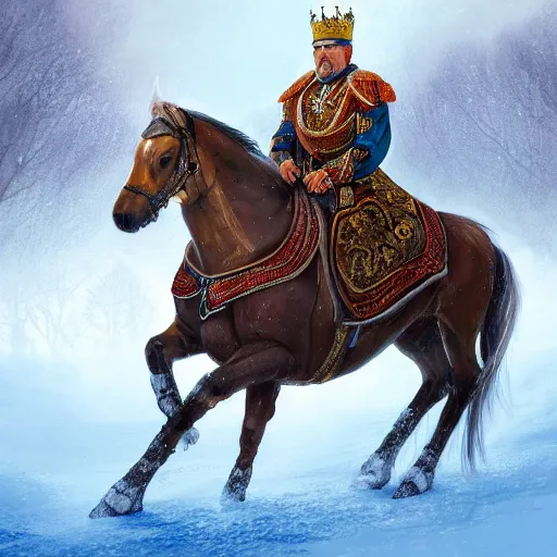 Prompt: an extremely realistic portrait depicting the coronation of viktor orban dressed in royal national costume, riding a horse on the frozen danube, detailed, intricate, elegant, highly detailed, digital painting, artstation, concept art, smooth, sharp focus, illustration,