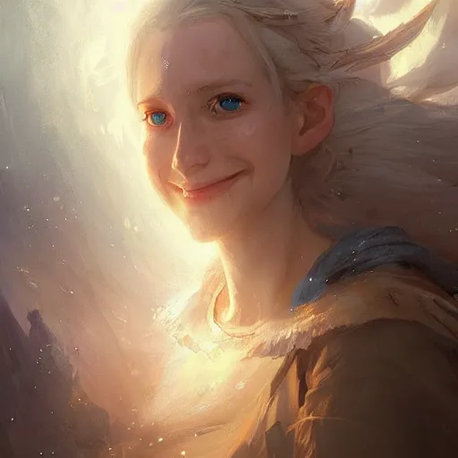 Image similar to a portrait of a beautiful smiling lady with adorable eyes, pretty eyes, beautiful eyes, looking up onto the sky, smiling, art of wlop and greg rutkowski, epic fantasy art, bright light masterpiece, ray of light through white hair