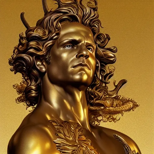 Prompt: ultra realistic illustration, a golden statue of a herculean glenn howerton as the god apollo, intricate, elegant, highly detailed, digital painting, artstation, concept art, smooth, sharp focus, illustration, art by artgerm and greg rutkowski and alphonse mucha
