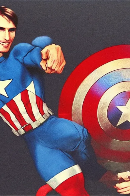 Image similar to Young Steve Jobs as Captain America holding a bitten apple