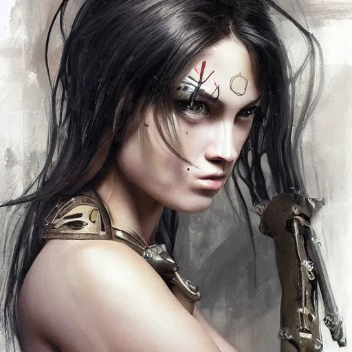 Image similar to tattoo design, a professional painting of a beautiful young female, partially clothed in battle armor, olive skin, long dark hair, beautiful bone structure, upper body, symmetrical facial features, intricate, elegant, digital painting, concept art, smooth, sharp focus, illustration, from Metal Gear, by Ruan Jia and Mandy Jurgens and Greg Rutkowski and Artgerm and William-Adolphe Bouguerea and artgerm