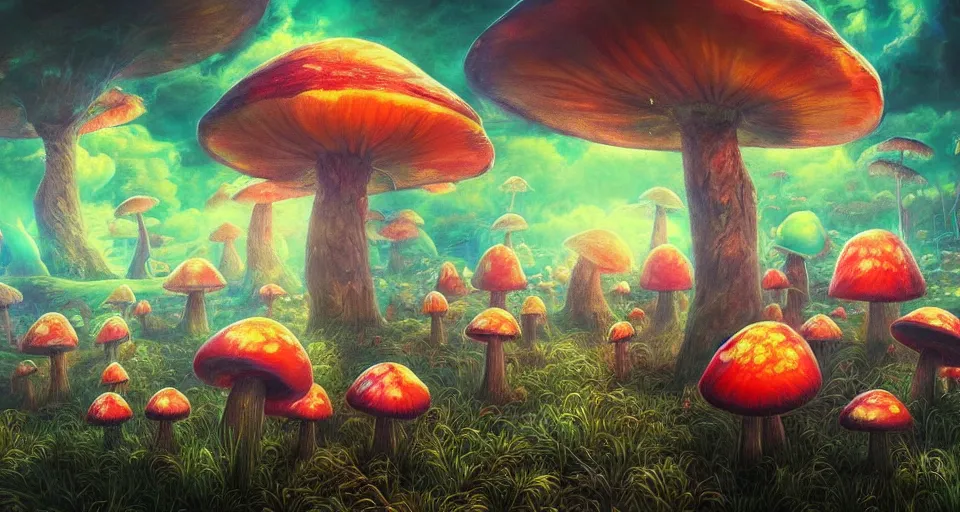 Image similar to a beautiful painting of trippy mushrooms by Tokio Aoyama, Mario Martinez, David Normal. photorealistic, trending on artstation, dramatic lighting, 8K, fantasy beautiful, surreal, cinematic.