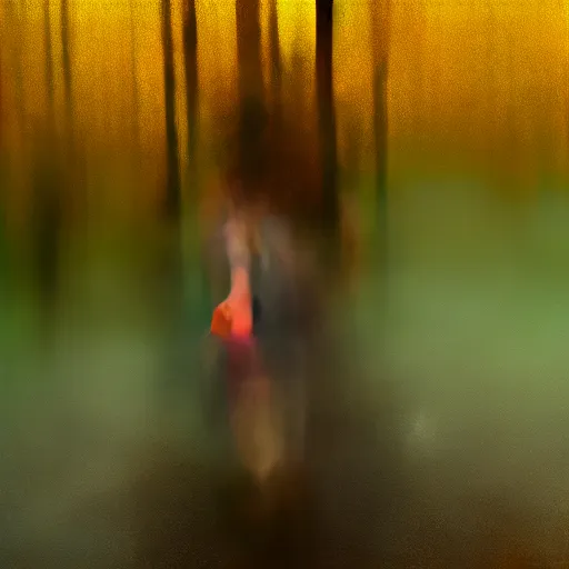 Image similar to thin little girl in a swamp wearing old gas mask. Water to her knees. Bayou. Dark Green forest. Late afternoon. Foggy. Fireflies fly around