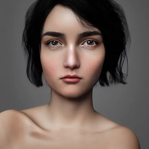Image similar to portrait of a young lady with curly black hair with, round face, big brown eyes, picture, hyperrealistic, focused, hyper realistic, ultra detailed, octane render, volumetric lighting, 8 k post - production
