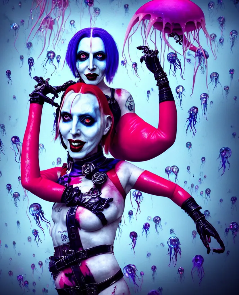 Prompt: Marilyn Manson as Harley Quin (The Suicide Squad), epic angle and pose, symmetrical artwork, 3d with depth of field, blurred background, cybernetic jellyfish female face skull phoenix bird, translucent, nautilus, energy flows of water and fire. a highly detailed epic cinematic concept art CG render. made in Maya, Blender and Photoshop, octane render, excellent composition, cinematic dystopian brutalist atmosphere, dynamic dramatic cinematic lighting, aesthetic, very inspirational, arthouse. y Greg Rutkowski, Ilya Kuvshinov, WLOP, Stanley Artgerm Lau, Ruan Jia and Fenghua Zhong