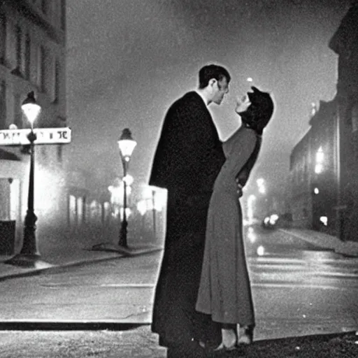 Image similar to random film still from a 1 9 4 0's film noir movie with a man and woman kissing under a street light