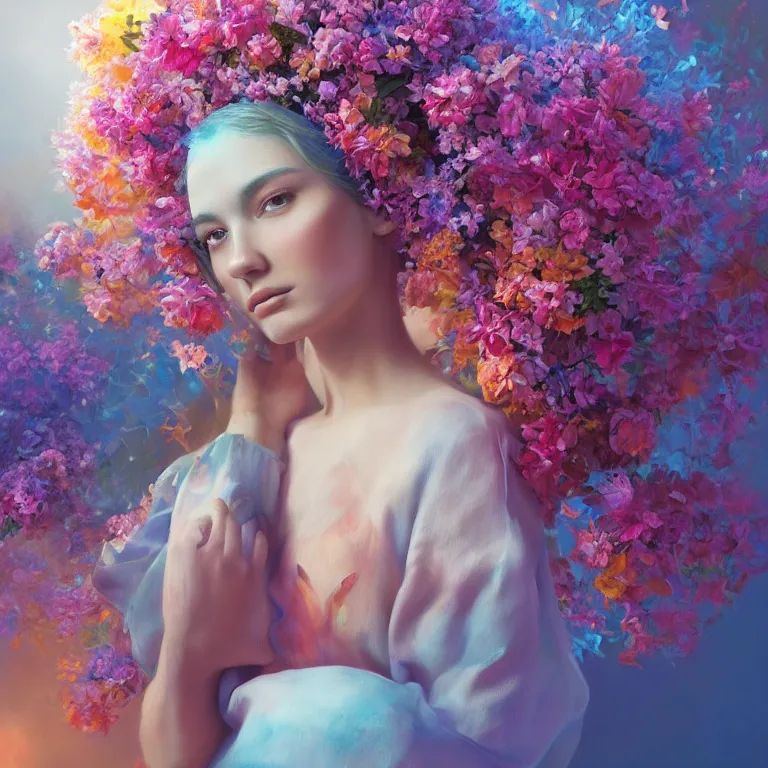 Prompt: a beautiful oil painting hyperrealism of a beautiful young woman, flowers, floral headdress, 8 k resolution, octane render, trending on artstation, by gediminas pranckevicius, volumetric light 2 blue fractal thunder glow by dan mumford, anaglyph effect, laurie lipton