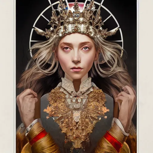 Image similar to a realistic symmetrical queen with a decorated dress made of white pearls , highly detailed, digital painting, Trending on artstation , HD quality, by artgerm and greg rutkowski and alphonse mucha, dramatic light, octane